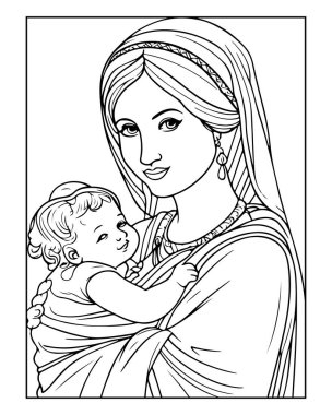 Güzel anne ve bebek çizgisi. Boyama kitapları ve dini temalar için mükemmel..