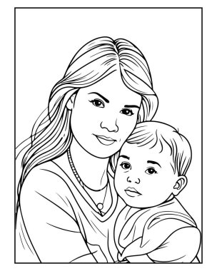 Tatlı anne ve çocuk çizgisi boyama kitapları ve el sanatları için mükemmel..