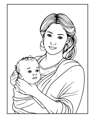 Şefkatli anne bebeğini kucağında tutuyor, boyama kitapları için mükemmel..