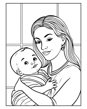 Bir annenin bebeğini nazikçe kucaklamasının boyama sayfası..