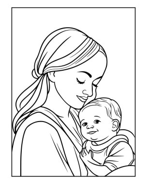 Sevimli anne kucağında bebek, mükemmel boyama kitabı çizimi..
