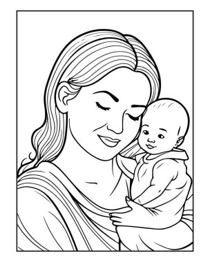 Sevgi dolu anne bebeğini kucağında tutuyor, boyama kitapları için mükemmel..