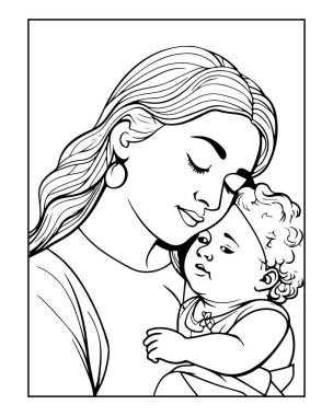 Tatlı anne bebeğini sevgiyle tutuyor, boyama sayfaları için mükemmel..