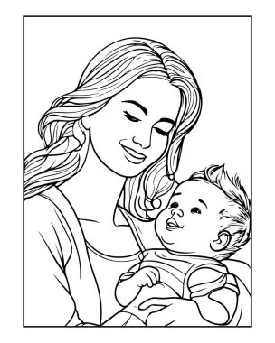 Şefkatli anne bebeğini kucağında tutuyor. Tatlı renklendirme sayfası illüstrasyonu.