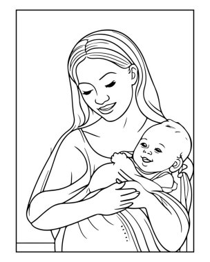 Şefkatli anne ve bebek boyama sayfası, çocuklar ve yetişkinler için mükemmel. Basit satır sanatı.