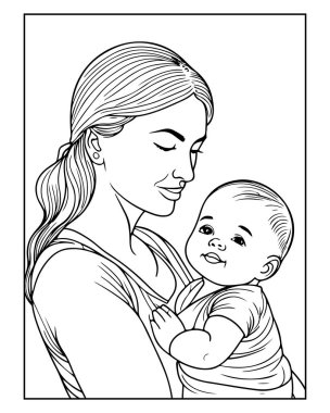 Sevgi dolu anne bebeğini kucağında tutuyor. Boyama kitapları ve aile temaları için mükemmel..