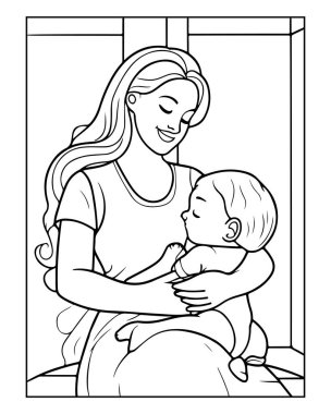 Sevimli anne ve bebek boyama sayfası çocuklar için mükemmel. Güzel aile sanatı..