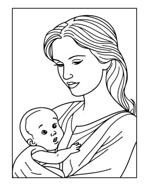 Şefkatli annenin elinde bebek çizimi boyama kitapları ya da kartlar için mükemmel..