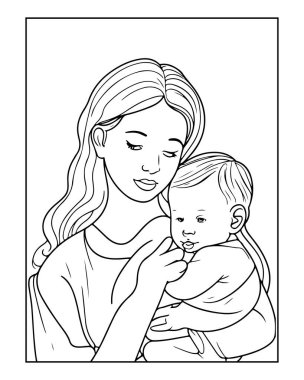 Bir anne bebeğini nazikçe tutan bir kadının olduğu boyama sayfasını sever. Çocuklar için ideal.