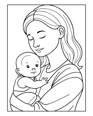 Anne ve bebeğin boyama kitapları için mükemmel siyah-beyaz çizimi..