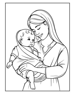 Bir anne ve bebeğin siyah beyaz çizgisi mükemmel bir boyama sayfası