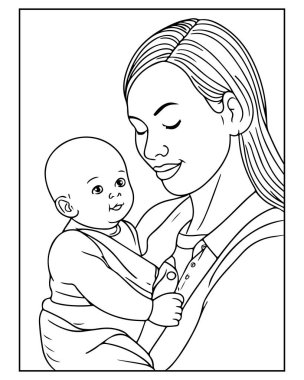 Sevimli anne kucağında bebek, mükemmel boyama kitabı sayfası..