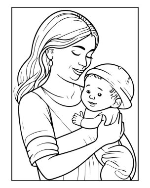 Şefkatli anne ve bebek çizgisi. Resim kitapları ve aile aktiviteleri için mükemmel..