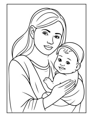 Şefkatli anne kucağında bebek boyama sayfası tasarımı taşıyor. Basit satır sanatı.