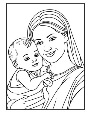 Sevgi dolu bir anne bebeğini kucağında tutuyor. Çocuklar için mükemmel bir boyama sayfası.