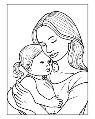 Şefkatli anne ve bebek boyama kitabı sayfası, anneler günü için mükemmel.