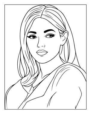 Yetişkinler için güzel kadın çizgisi basılabilir boyama sayfası. Şık kadın portresi tasarımı.