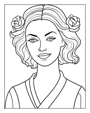 Güzel kadın boyama kitabı sayfası yetişkin tasarımı gül saç stili