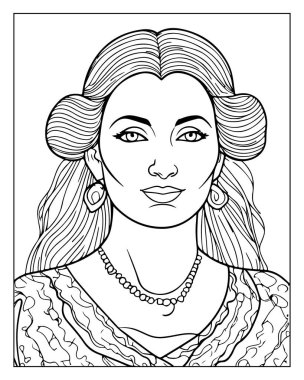 Zarif bir kadının yer aldığı ayrıntılı çizgi boyama sayfası. Yetişkinler için mükemmel.