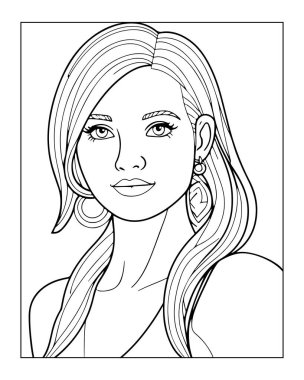 Yetişkinler için güzel kadın çizgisi boyama sayfası. Ayrıntılı saç ve küpeler..