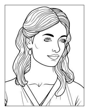 Yetişkinler için güzel kadın portre boyama kitabı sayfası. Karmaşık çizgi sanat tasarımı.