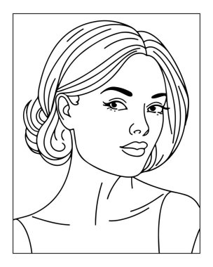 Yetişkinler için güzel kadın çizgisi basılabilir boyama sayfası. Şık saç ve elbise..