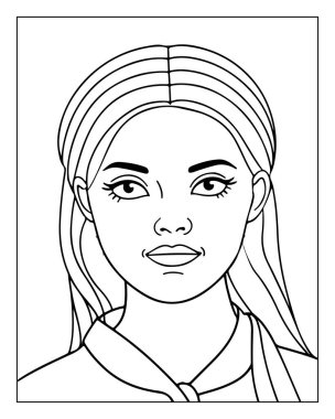 Çizgi sanatçısı kadın yüz boyama kitabı tasarımı. Basit siyah beyaz illüstrasyon.