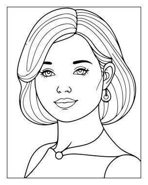 Güzel kadın yüzü, çizgi sanatı, boyama sayfası, yetişkin rengi, basılabilir
