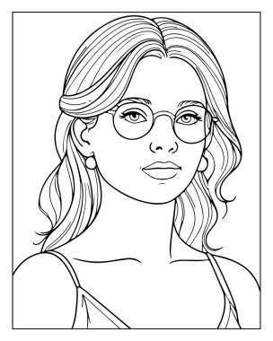 Gözlük takan şık bir kadının olduğu basılabilir renkli sayfa. Yetişkin boyama kitabı tasarımı.