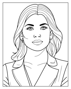 Basılabilir yetişkin boyama sayfasında şık bir kadın var. Çizgi sanatı, ayrıntılı.