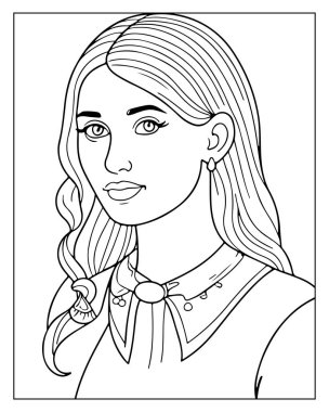 Güzel kız çizgisi resim sayfası yetişkin tasarımı. Yazdırması kolay.