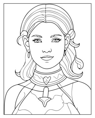 Güzel bir kadının yer aldığı ayrıntılı satır boyama sayfası.