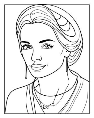 Yetişkinler için güzel kadın portre boyama sayfası. Karmaşık çizgi sanatı.