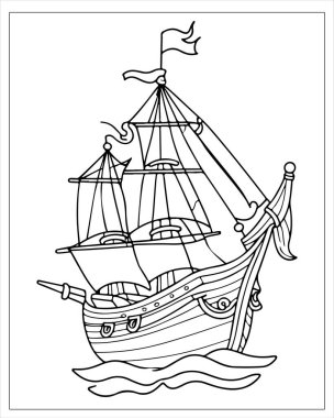 Antika bir yelkenlinin ayrıntılı siyah beyaz çizimi