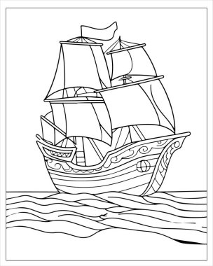 Ayrıntılı yelkenli gemi çizimi boyama kitapları ve deniz temalı projeler için mükemmel.