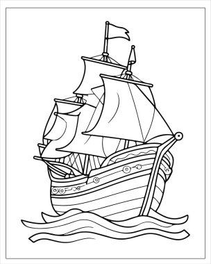 Eski yelkenli gemi çizimi boyama kitapları veya denizcilik tasarımları için mükemmel.