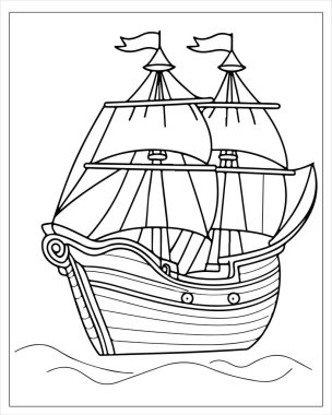 Vintage caravel yelkenli gemi boyama sayfaları için mükemmel çizim.