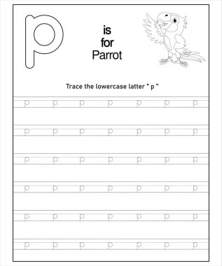 Bir papağanın yer aldığı eğlenceli alfabe izleme çizelgesi. Anaokulu öğrencileri için P harfi için mükemmel..