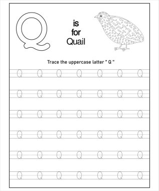 Q harfi içeren basılabilir bıldırcın alfabesi izleme çizelgesi. Anaokulları için mükemmel..