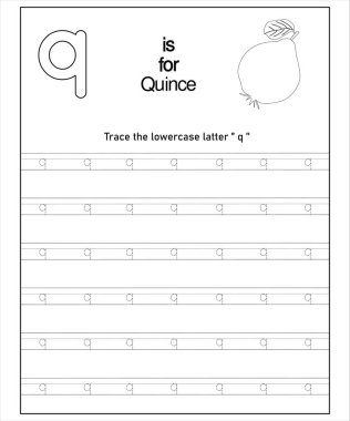 Küçük harf q 'nin izini sürmek ve quince kelimesini öğrenmek için yazdırılabilir anaokulu çalışma tablosu.