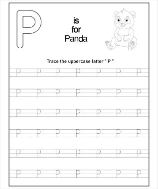 Sevimli bir panda taşıyan çocuklar için basılabilir büyük harf P izleme çizelgesi. İlk okuma yazma öğrenimi.