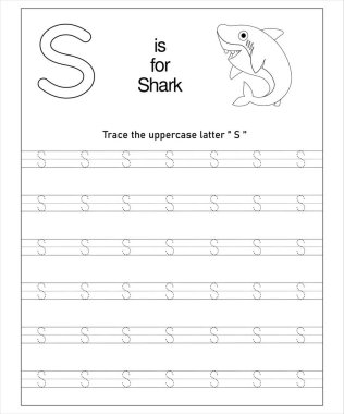 Çocuklar için büyük harf S izleme pratiği. Köpekbalığı teması. Eğitim çalışma tablosu.