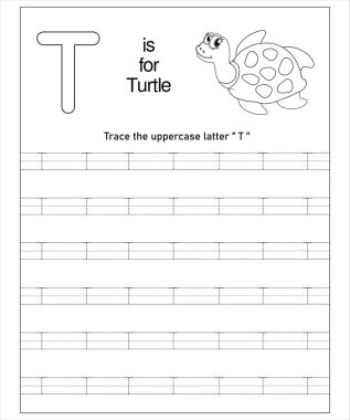 T harfi ve şirin bir kaplumbağanın yer aldığı anaokulu çalışma çizelgesini başlatıyorum. Bebekler için alfabe öğrenmek için ideal.