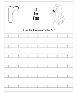 R harfi ve bir farenin yer aldığı okul öncesi takip çizelgesi. Eğitici ve eğlenceli.