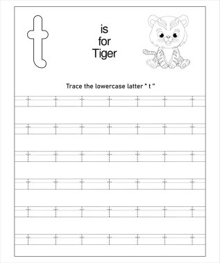 T harfi ve sevimli bir kaplan içeren okul öncesi takip ödevi. Erken eğitim için ideal.
