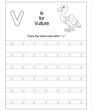 V harfini eğlenceli iz sürme egzersizleri ve tatlı bir akbaba çizimiyle öğrenin. Okul öncesi etkinlik.