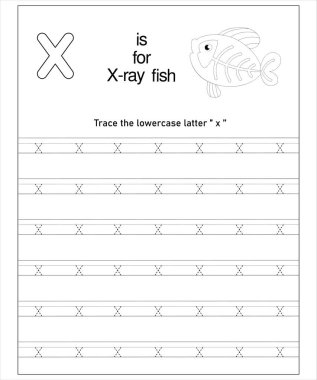 Röntgen balığı içeren eğlenceli alfabe izleme çizelgesi. Anaokulları için harika..
