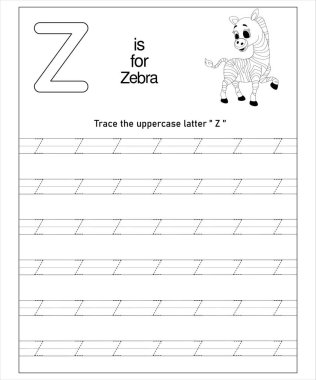 Z harfi ve şirin bir zebra çizimi içeren okul öncesi izleme çizelgesi. Büyük harf Z yazma alıştırması.