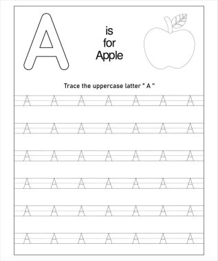 Anaokulu öğrencileri için büyük harf A izleme alıştırması öğrenin. Apple teması.