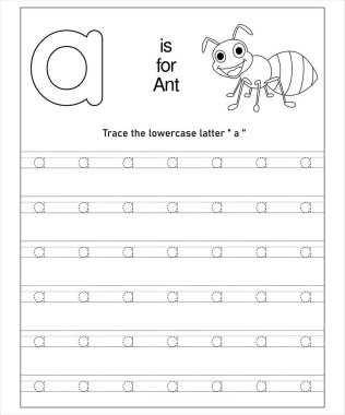 A harfi ve karınca çizimi içeren okul öncesi alfabe çalışma çizelgesi. Erken öğrenme için harika..